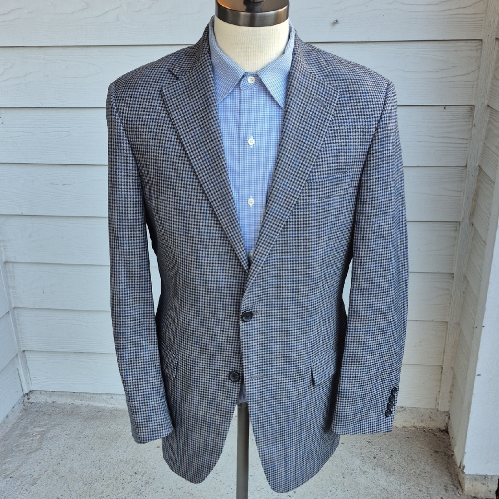 HART SCHAFFNER MARX Blue Grey Black Plaid Wool Blend Sz 40 R Mens Sport‎ Coat